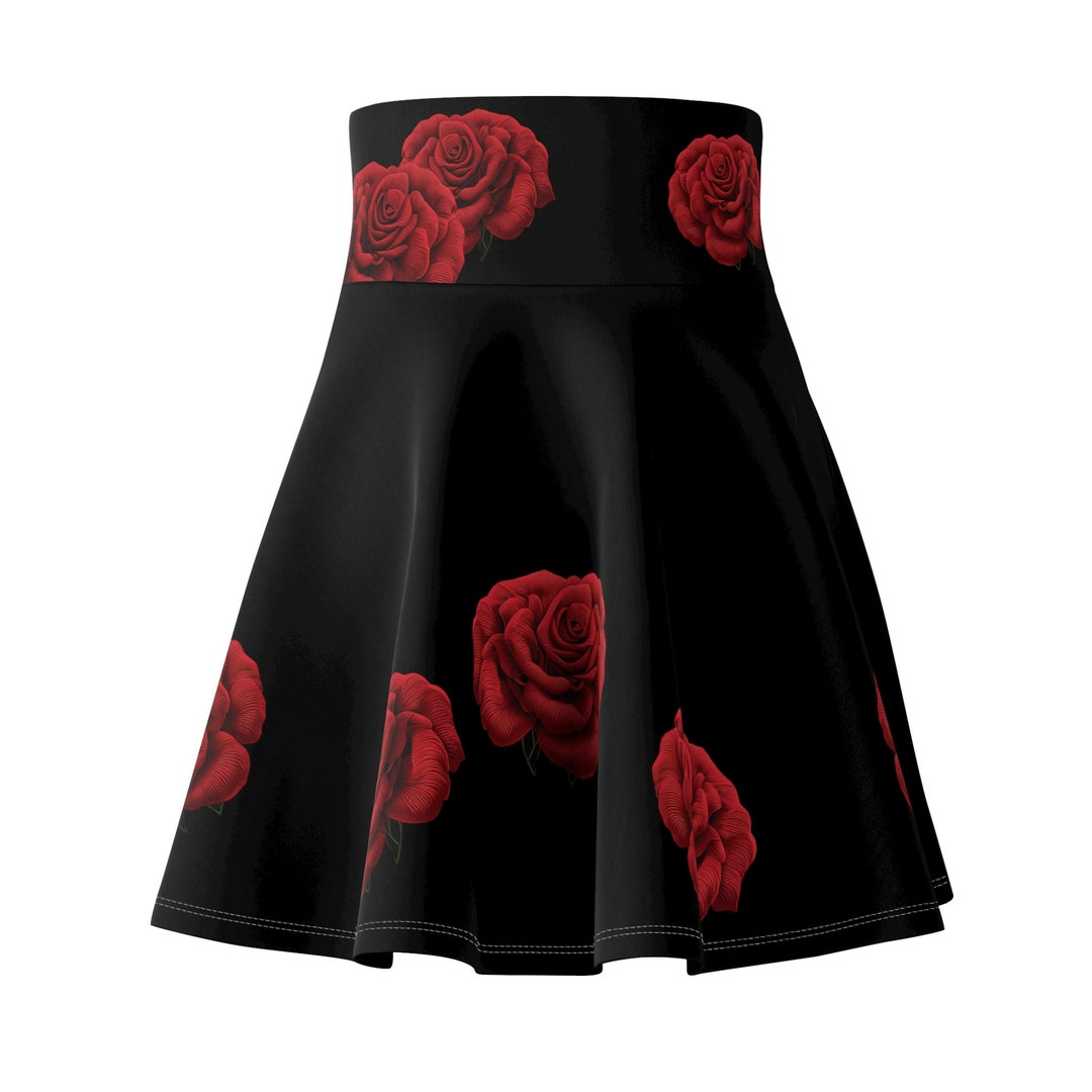 Black Rose Skirt Women Skater Skirt Rose Print Skirt Etsy