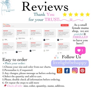 May include: A collage of customer reviews for a small shop, with a 5.0 star rating. The reviews highlight the quality, comfort, and fast shipping of the products. The shop's tagline is "Live Light Be Happy".
