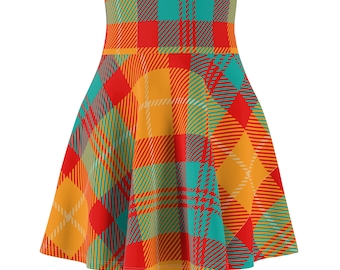 Women's Skater Skirt Vintage Plaid Colorful Design Trendy High Waisted Skirt Cute Retro Colors Comfy Feel Stretchy Circle Skirt
