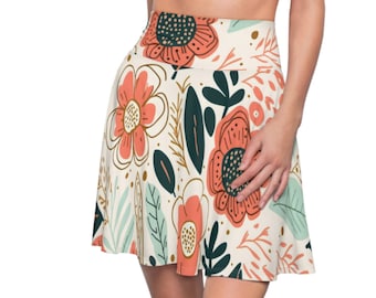 Women's Bloomcore Skirt, Botanical Skater Skirt, Flower Lover Gift, Boho Casual Midi Skirt, Cute Skirt