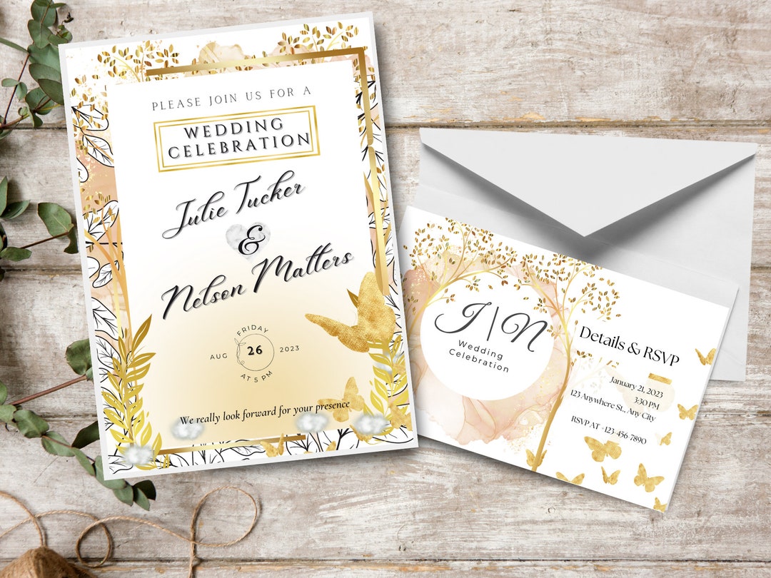 Gold & White Wedding Template Invitation and RSVP Set Editable