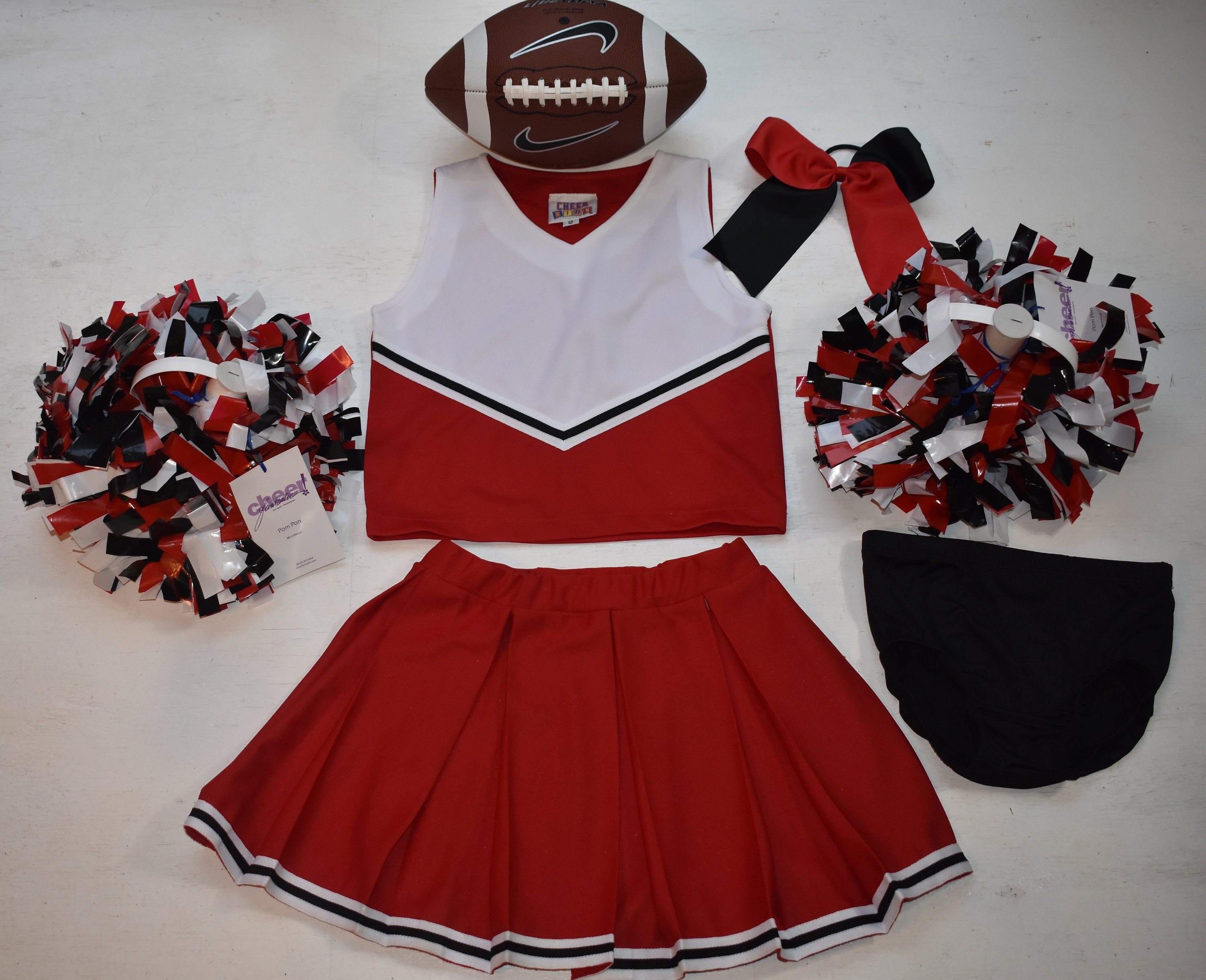 12 BLANK RED/ White/black Cheerleader Outfit Uniform Deluxe Pom Poms