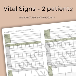 VITAL SIGNS Sheet for Nurses (2 patients) - Printable, Vital Signs Log, Nursing Vitals Tracker, Nursing Student Patient Chart