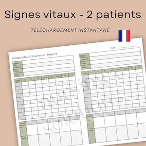 Feuille de SIGNES VITAUX (2 patients) pour infirmières, étudiantes infirmières - Registre de Signes Vitaux complets (FRANÇAIS)