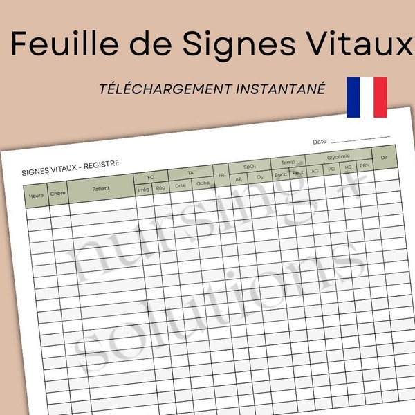 Feuille de SIGNES VITAUX pour infirmières/étudiantes infirmières - Registre de Signes Vitaux (FRANÇAIS)