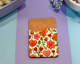 Porte-cartes floral végétalien pêche au dos du téléphone, coeurs printaniers et fleurs