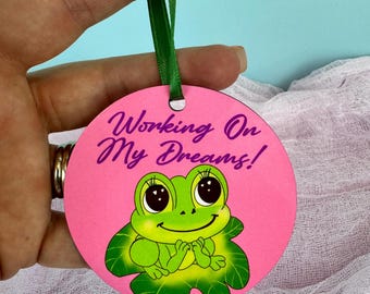 Frog Ornament For Small Business Owner, Colorful Decor, Working On My Dreams, Cute Tree Hanging Wooden Ornament
