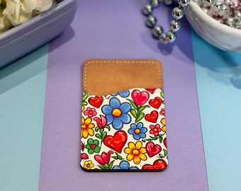Spring Hearts and Flowers Vegan Card Holder for Back Of Phone