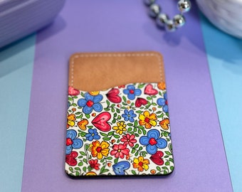 Summer Floral Vegan Card Holder for Back Of Phone, Pretty Hearts and Flowers