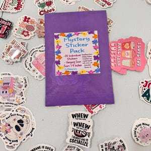 Mystery Sticker Pack, 20 einzelne Aufkleber, Urlaubsaufkleber, matt und laminiert, sarkastisch, süß, psychische Gesundheit, literarische Aufkleber