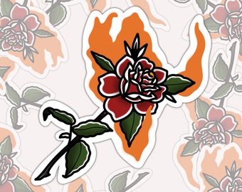 Tattoo Rose Fire Flower Sticker, Waterproof Sticker, Tattoo Sticker, Traditional Tattoo Sticker, Die Cut Sticker, Happy Planner Sticker