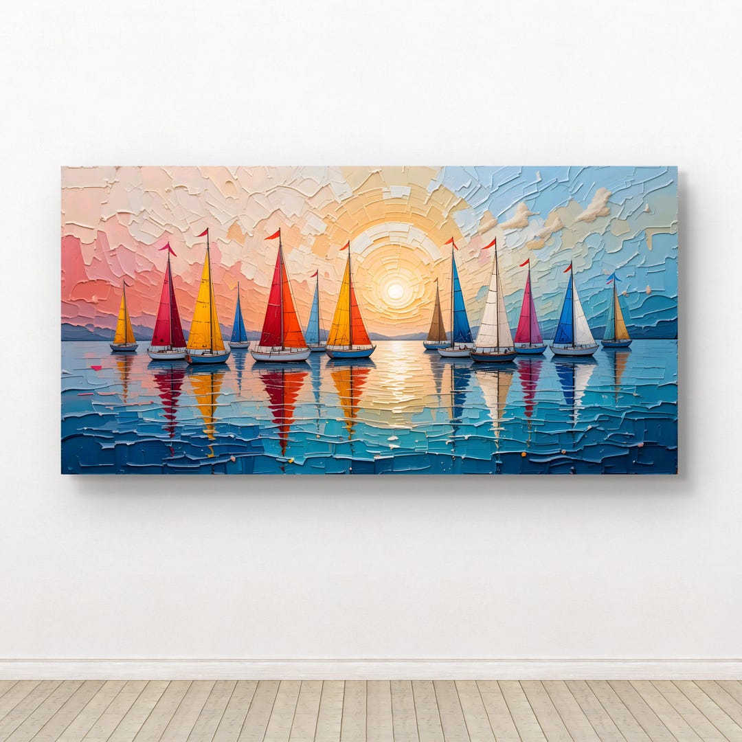 Colorful Sailboats at Sunset Print: Abstract Coastal Wall Art (digital ...