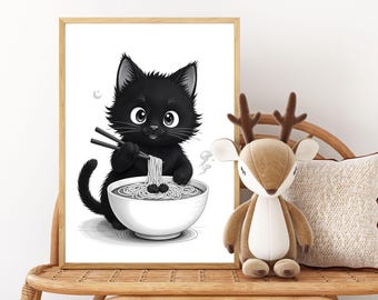 Lámina artística de ramen de gato negro: Decoración de cocina kawaii (descarga digital)