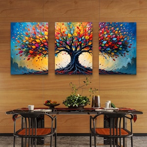Tríptico decorativo de pared con el Árbol de la Vida a todo color: Decoración abstracta inspirada en la naturaleza (Descarga digital)