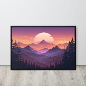 mountain art print , Retro Purple Orange Landscape Print, Minimalist Nature Decor Painting, Modern Home Decor, Digital Download