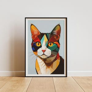 Geometric Cat Print: Colorful Pop Art Animal Portrait (Digital Download)