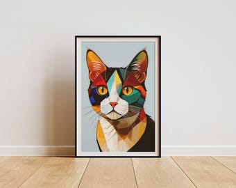 Geometric Cat Print: Colorful Pop Art Animal Portrait (Digital Download)