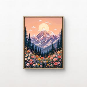 Abstract Mountain Wildflower Art Print, Colorful Botanical Scenery Printable, Muted Tones Nature Wall Decor, Digital Download