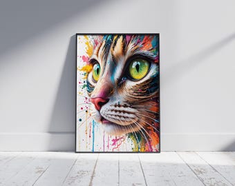 Colorful Cat Art Print: Abstract Paint Splatter Feline (Digital Download)