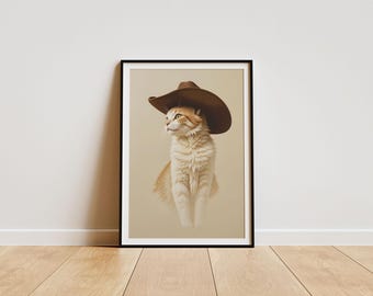 Lámina de gato vaquero tonto: arte de pared caprichoso del Oeste (descarga digital)