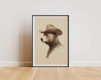 Cowboy Bear Nursery Print: Neutral Western Animal Art (Digital Download)