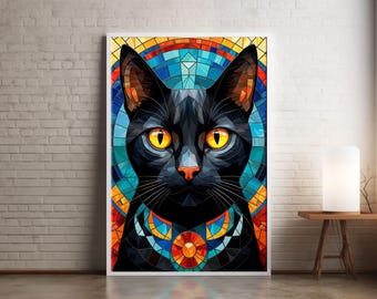 ラファエル作「ステンドグラスの黒猫」 - デジタルアートプリント
