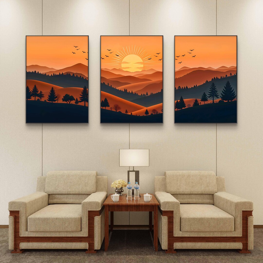 Minimalist Mountain Sunset Triptych | Boho Wall Art (digital Download ...