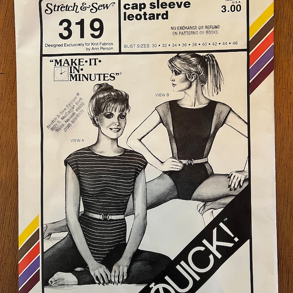 UNCUT, FF Vintage 1984 Stretch & Sew #319 Cap Sleeve Leotard. Bust Size 30-32-34-36-38-40-42-44-46.
