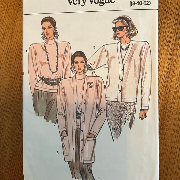 Uncut, FF, Vintage 1988 Very Easy Very Vogue #9668 Misses' Cardigan and Top Pattern. Size 8-10-12.