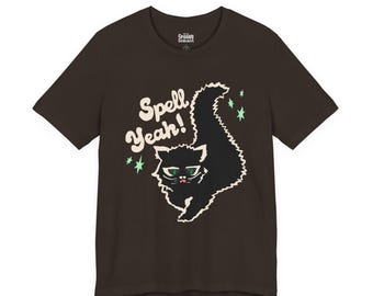Camiseta Spell Yeah Black Cat Witchy, cor de outono, camiseta engraçada de Halloween, camiseta com estampa de gato travesso, roupa estética de bruxa gótica assustadora