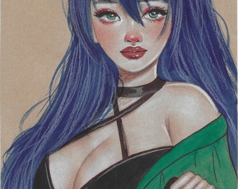 Pastel Œuvre originale Vira Yakymchuk Portrait manga Femme Beauté Cheveux bleus 2023