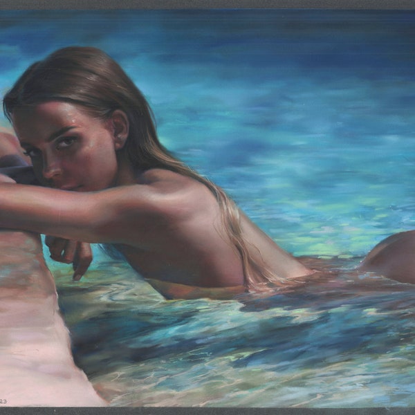 Pastel Œuvre originale Yuliya Kyrylova 29,7 x 42 cm Femme nue Fesses Brune sexy Erotique Sensuel Piscine Art