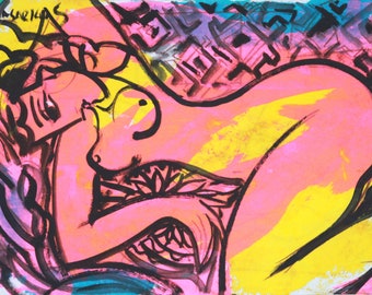 Art Peinture Acrylique sur papier Violoniste Hrasarkos Certificat authenticité Akoun Maison des artistes Artprice Femme nue allongée