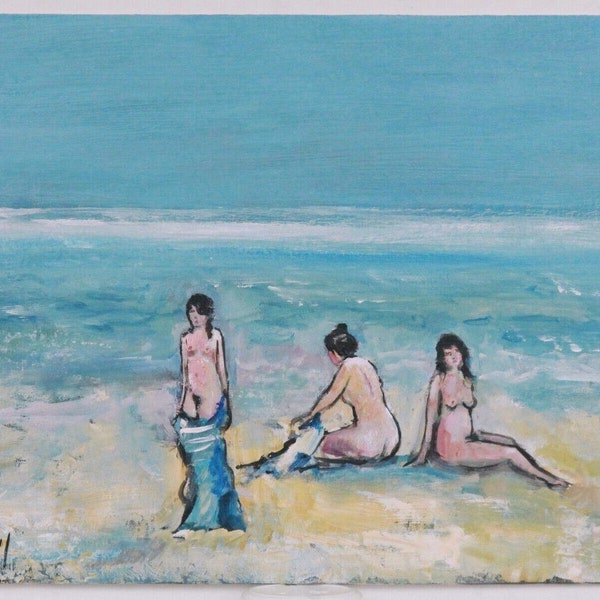 Œuvre originale signée Acrylique  Pascal Denis dit « Roy »  Certificat d'authenticité Femmes sensuelles nues sur la plage Fesses Seins 2020