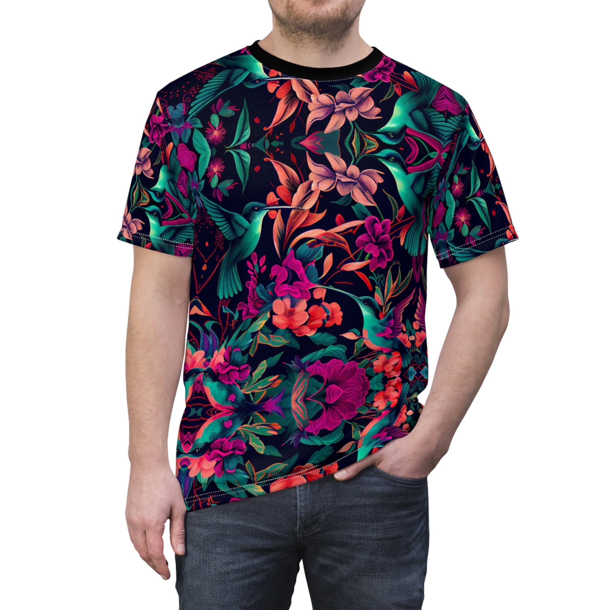 Abstract Tropical Hummingbird Pattern Tee AOP - Etsy