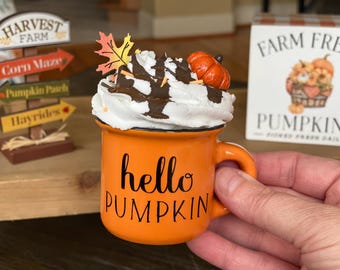Fall Pumpkin Spice Home Decor Mini Mug with Faux Whipped Cream, Chocolate Drizzle, and Sprinkles. Tiered Tray Fall Decor, Autumn Faux Food