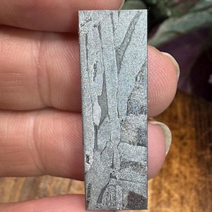 May include: A rectangular piece of Muonionalusta meteorite featuring a distinct Widmanstätten pattern with intersecting metallic crystalline bands in shades of silver and gray, showcasing a natural etched surface texture on the front face.