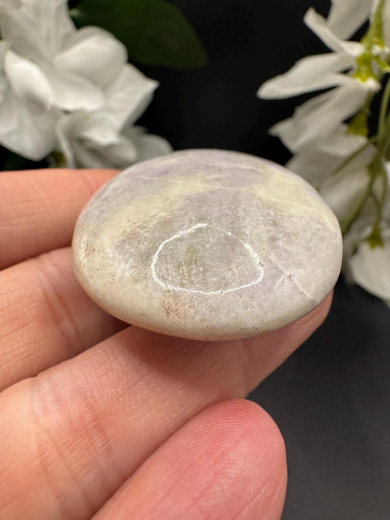 May include: A smooth, oval-shaped stone with a blend of pale purple, cream, and tan hues. The polished surface reflects light, showcasing subtle variations in color and texture. The stone is held in a hand, with white flowers in the background.