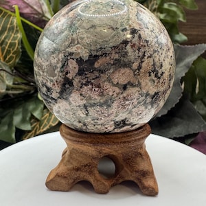 Russian Flower Jasper Sphere with Stand, Green Cherry Blossom Crystal Sphere, Gifts