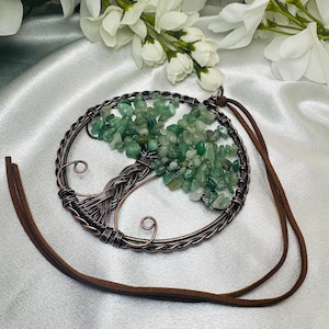 Green Aventurine Crystal Tree of Life Ornament: Copper Wire Suncatcher