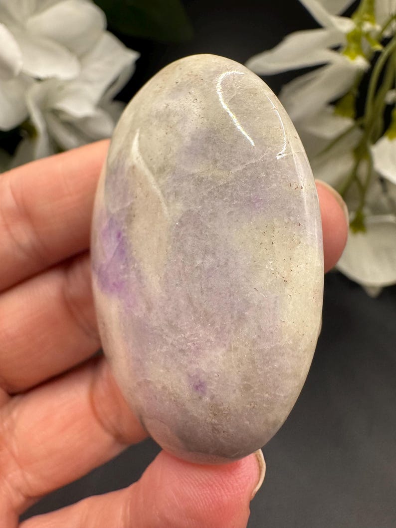 May include: A smooth, oval-shaped stone with a polished surface. The stone features a blend of colors, including lavender, gray, and cream. The stone is held in a hand, with white flowers in the background.