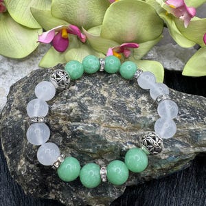 Jade 10 mm Beaded Bracelet, White and Green Jade Bracelet, Gifts