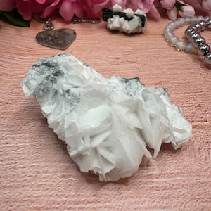 Rose Petal Calcite Crystal Specimen, UV Reactive White Rose Calcite, Angel Wing Calcite on Matrix, Gifts