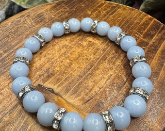 Angelite Beaded Stretch Bracelet with Silver Tone Accent Beads, Crystal Bead Bracelet, Gifts, 8 mm beads