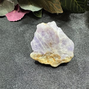May include: A rough-hewn, light purple crystal with a tan and gold base. The crystal is set against a dark gray textured background, with green and purple leaves in the upper left corner.