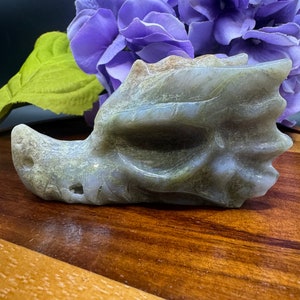 Carved Moss Agate Crystal Dragon Head Figurine