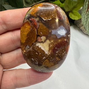 May include: A smooth, polished, oval-shaped stone with a brown, orange, and red marbled pattern.
