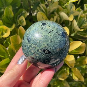 Kambaba Jasper Sphere: Green Rhyolite Volcanic Stone Ball (68mm)