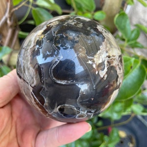 May include: A polished black and white agate sphere with a swirling pattern. The sphere is smooth and has a high gloss finish.