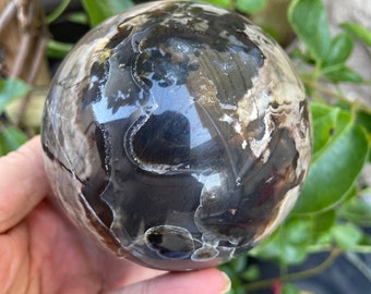 May include: A polished black and white agate sphere with a swirling pattern. The sphere is smooth and has a high gloss finish.